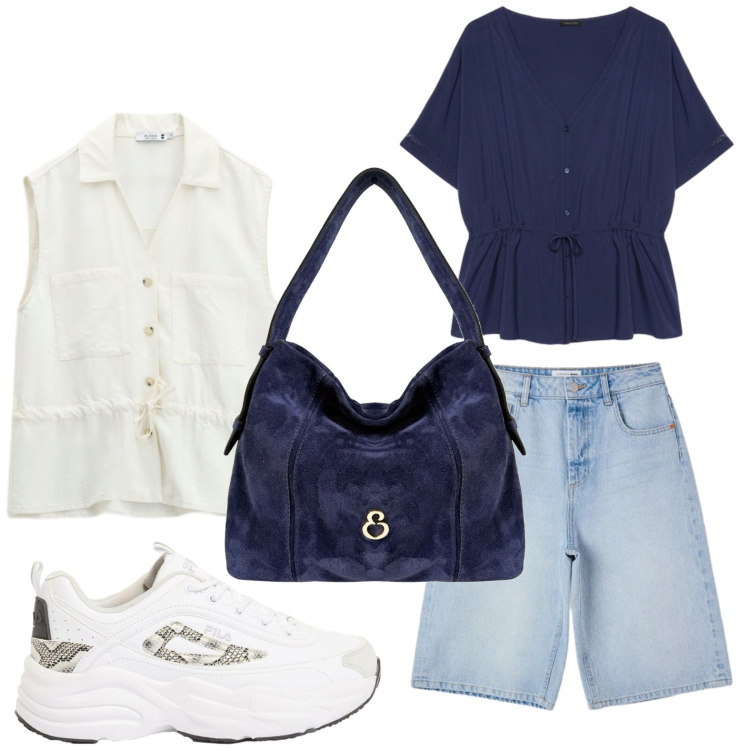 Outfit donna - Bermuda denim. Stile Casual per Tutti i giorni. Abbinamento con sneakers, borse a spalla, bermuda, bluse, gilet.