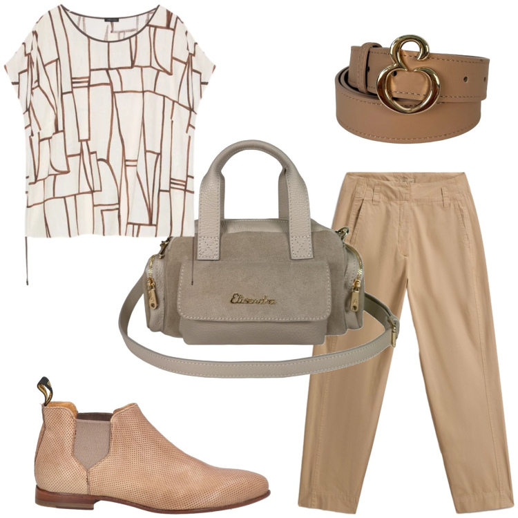 Outfit donna - Guardaroba deserto. Stile Casual per Tutti i giorni. Abbinamento con stivaletti chelsea, borse a mano, cinture, t-shirt, pantaloni.