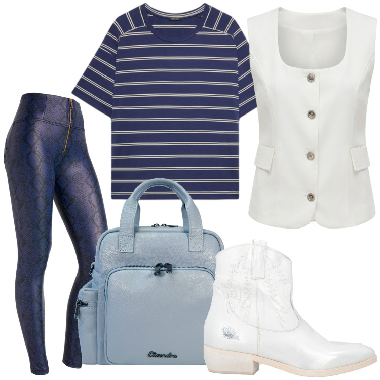 Outfit donna - Righe wild. Stile Glamour per Tutti i giorni. Abbinamento con stivaletti texani, zaini, pantaloni skinny, t-shirt, gilet.