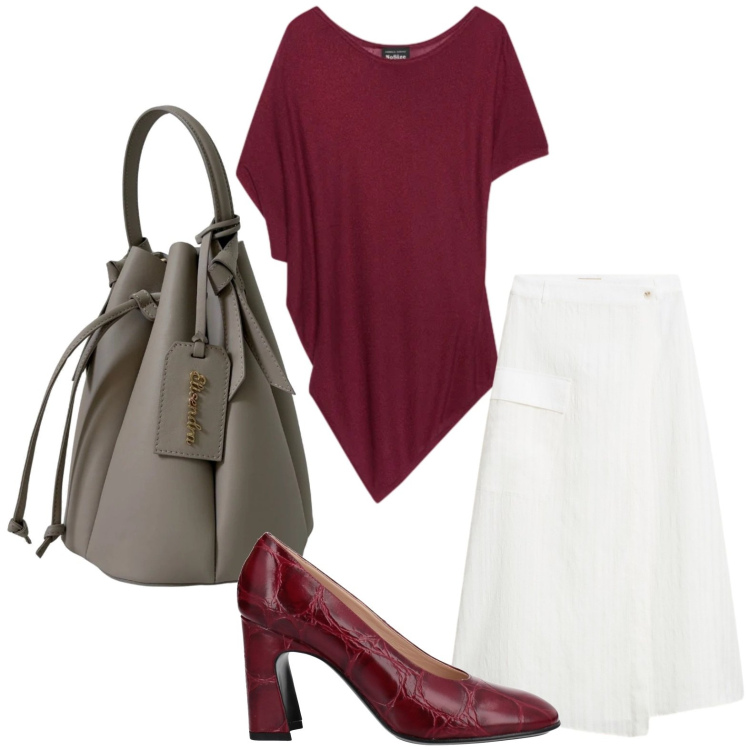 Outfit donna - Cocktail wine. Stile Casual per Serata fuori. Abbinamento con décolleté, borse a secchiello, top, gonne.