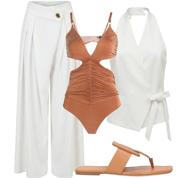 Outfit donna - Vacanze. Stile Glamour per Serata fuori. Abbinamento con body, ciabatte, gilet, pantaloni a palazzo.