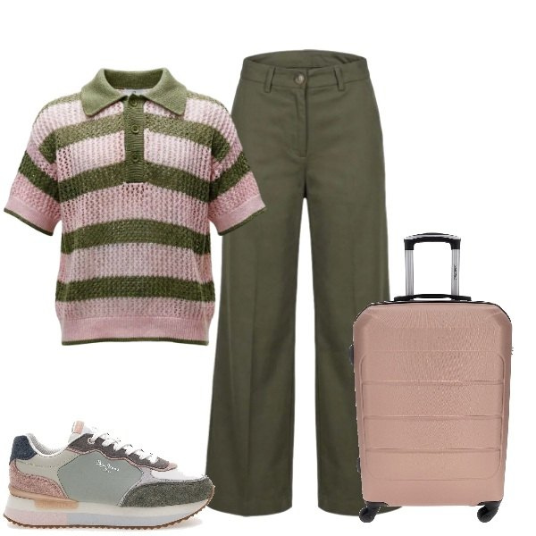 Outfit donna - in viaggio per la montagna. Stile Casual per Tutti i giorni. Abbinamento con pantaloni a palazzo, polo, sneakers, valigie.