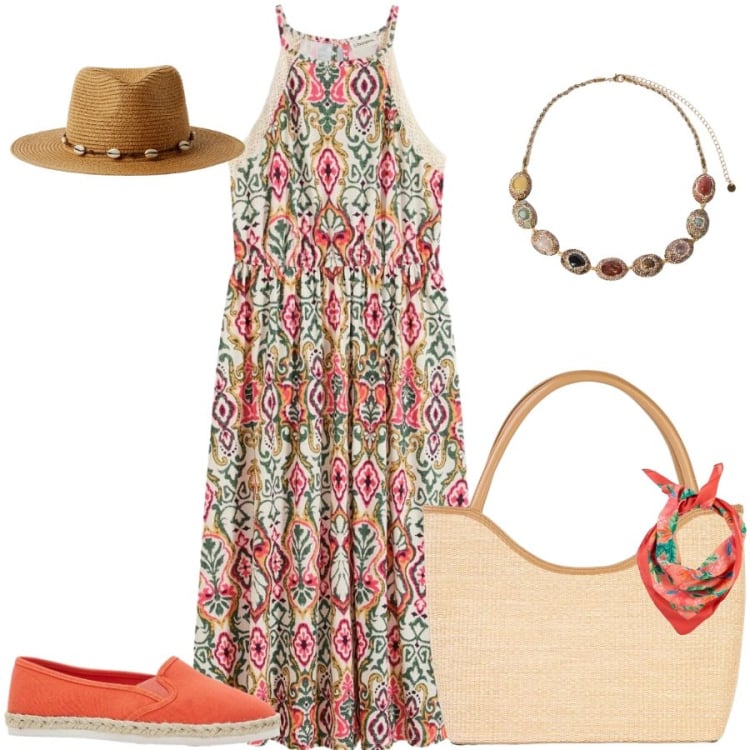 Outfit donna - Total look #2439034. Stile Casual chic per Tutti i giorni. Abbinamento con shopping bag, foulard, espadrillas, vestiti midi/longuette, cappelli, collane.