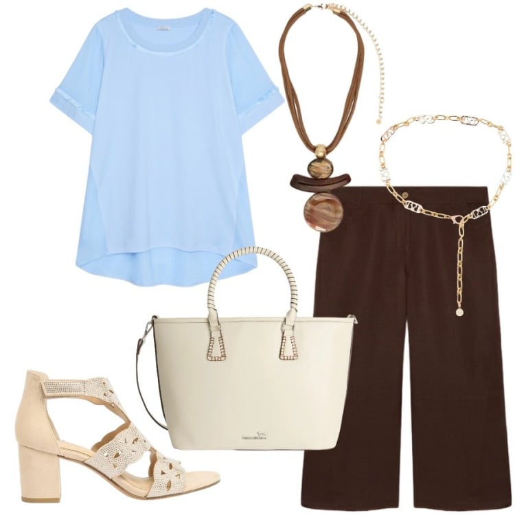 Outfit donna - Total look #2439039. Stile Casual chic per Tutti i giorni. Abbinamento con sandali col tacco, cinture, shopping bag, t-shirt, pantaloni, ciondoli.