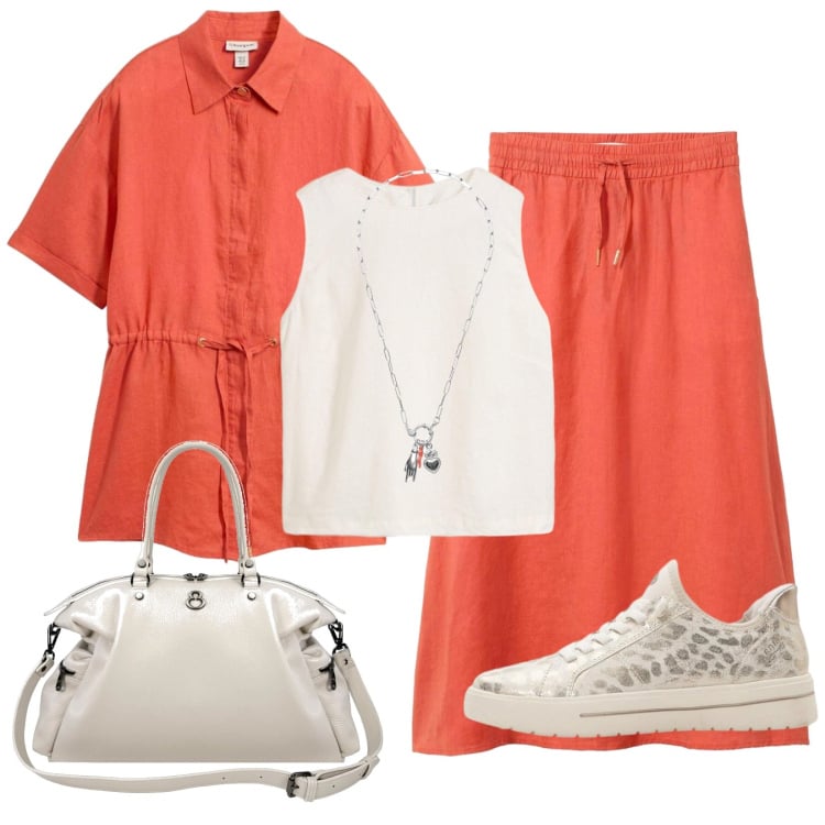 Outfit donna - Corallo tropicale. Stile Casual per Tutti i giorni. Abbinamento con camicie a manica corta, gonne lunghe, canottiere, sneakers, shopping bag, ciondoli.