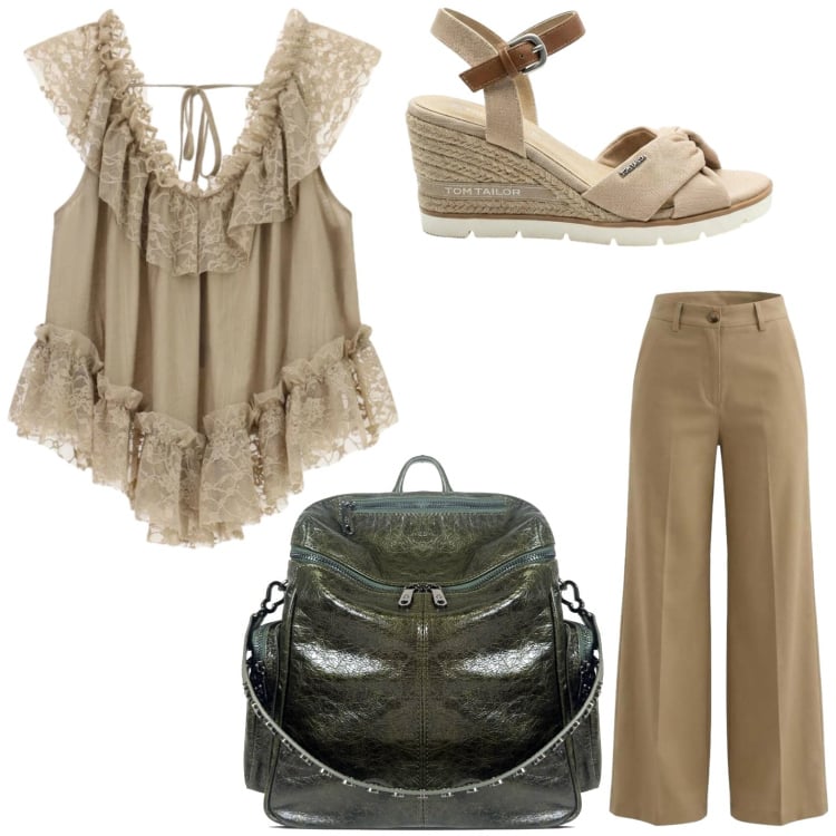 Outfit donna - Fit leggero. Stile Casual per Tutti i giorni. Abbinamento con sandali col tacco, pantaloni a palazzo, zaini, top.