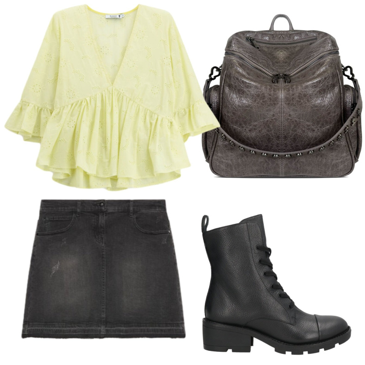 Outfit donna - Camicia con volant. Stile Rock per Tutti i giorni. Abbinamento con stivaletti, zaini, minigonne, bluse.
