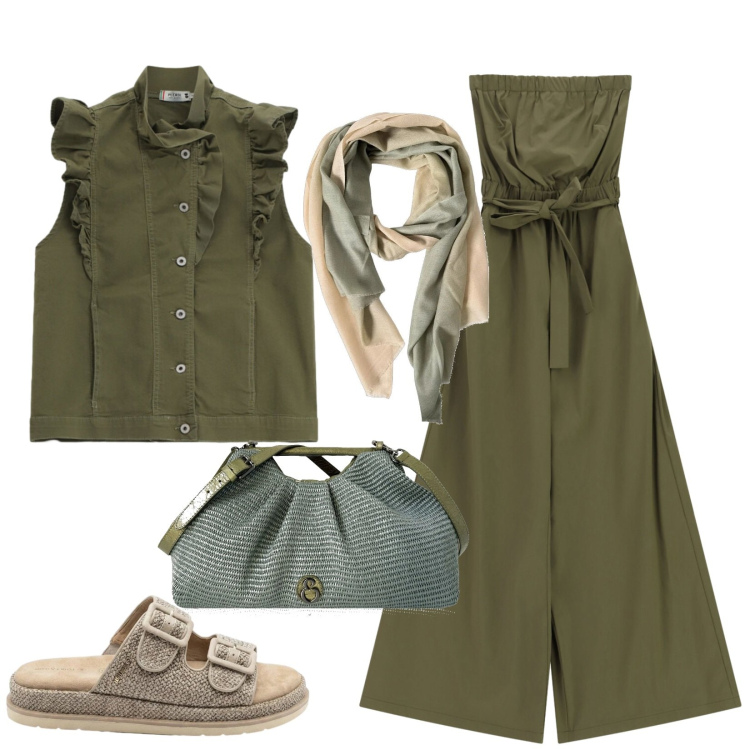 Outfit donna - Olive e send. Stile Trendy per Serata fuori. Abbinamento con ciabatte, clutch, foulard, gilet, tute.