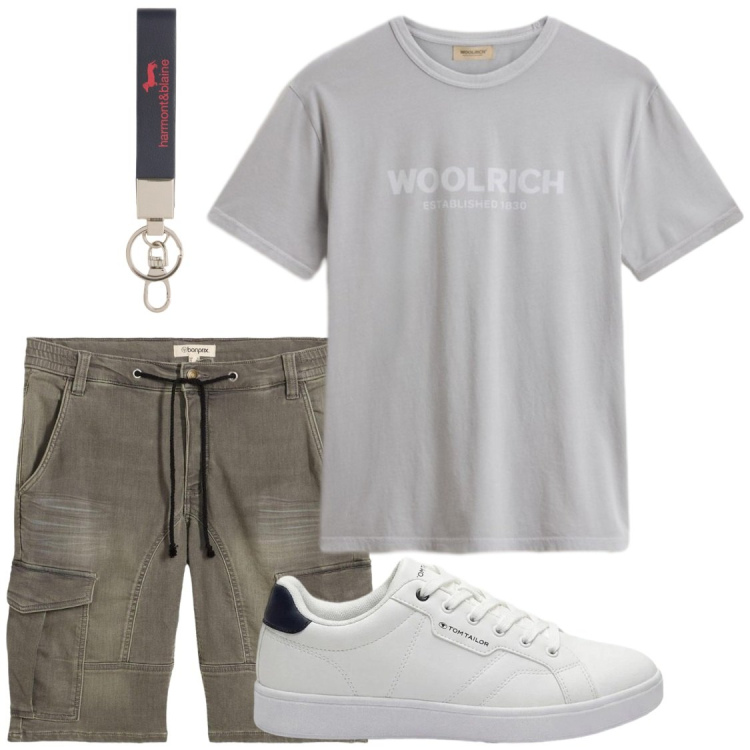 Outfit uomo - Tempo libero. Stile Casual per Tutti i giorni. Abbinamento con sneakers, bermuda, portachiavi, t-shirt.