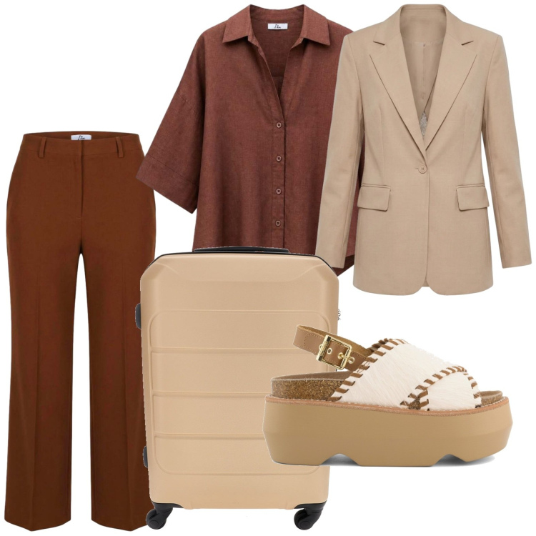 Outfit donna - Trova il tuo stile con I AM. Stile Glamour per Tutti i giorni. Abbinamento con pantaloni a palazzo, blazer, camicie, zeppe, valigie.
