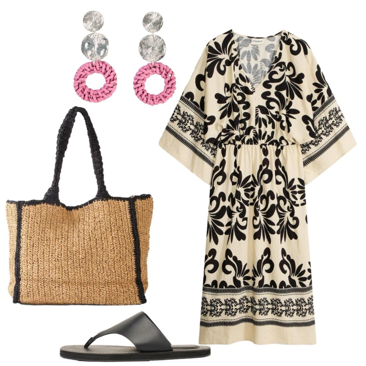 Outfit donna - Fascino esotico. Stile Etnico per Mare. Abbinamento con vestiti midi/longuette, infradito, orecchini, shopping bag.