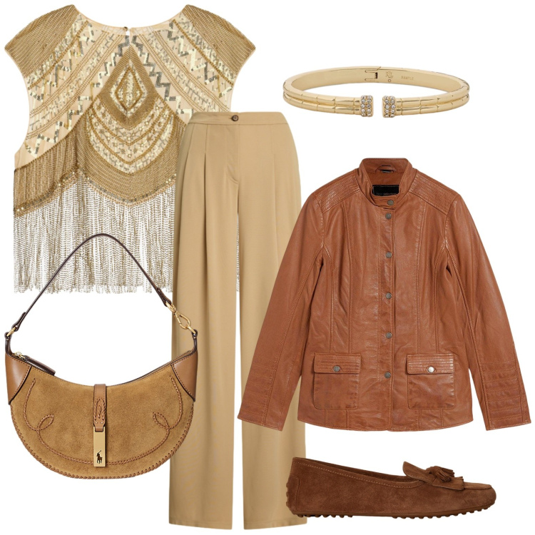 Outfit donna - Oroscopo Il Leone - La Protagonista. Stile Glamour per Tutti i giorni. Abbinamento con giacche, top, borse a spalla, pantaloni, braccialetti, mocassini.