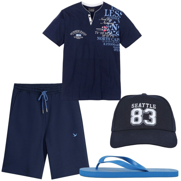 Outfit uomo - In relax. Stile Trendy per Tutti i giorni. Abbinamento con t-shirt, bermuda, cappelli, sandali.