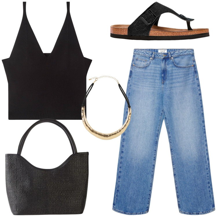 Outfit donna - Smart casual outfit. Stile Minimal per Tutti i giorni. Abbinamento con infradito, shopping bag, collane, top, jeans dritti.