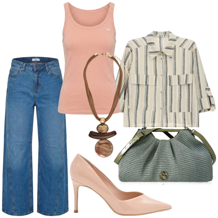 Outfit donna - Total look #2439100. Stile Casual chic per Ufficio. Abbinamento con jeans, canottiere, clutch, ciondoli, camicie, décolleté.
