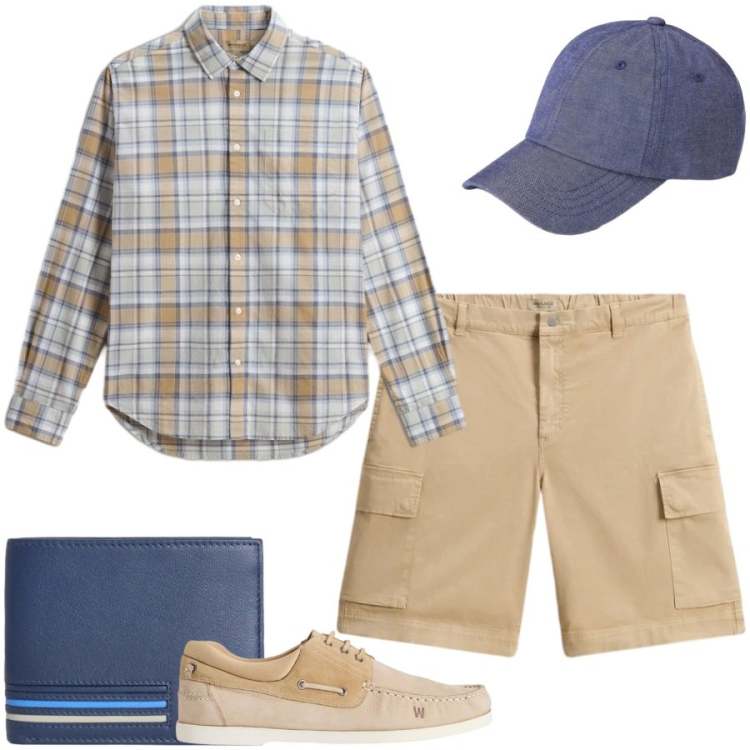 Outfit uomo - Total look #2439101. Stile Casual per Tutti i giorni. Abbinamento con portafogli, pantaloni corti, camicie, cappelli con visiera, scarpe stringate.