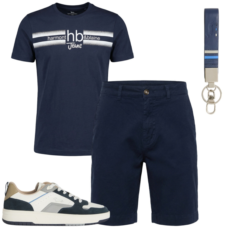 Outfit uomo - Blu. Stile Casual per Tutti i giorni. Abbinamento con portachiavi, t-shirt, sneakers, bermuda.