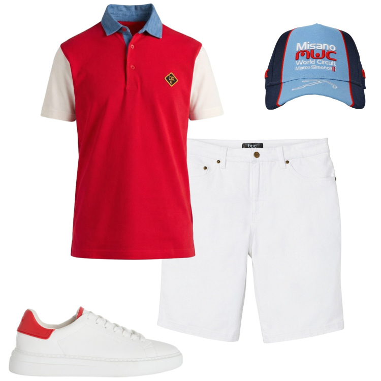 Outfit uomo - Luglio. Stile Casual per Tutti i giorni. Abbinamento con bermuda, sneakers, polo, cappelli.