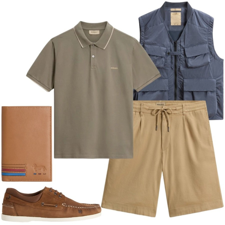 Outfit uomo - Total look #2439104. Stile Casual per Tutti i giorni. Abbinamento con portafogli, pantaloni corti, scarpe stringate, gilet, polo.