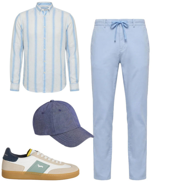 Outfit uomo - Sporty chic. Stile Trendy per Tutti i giorni. Abbinamento con pantaloni, sneakers, camicie, cappelli con visiera.
