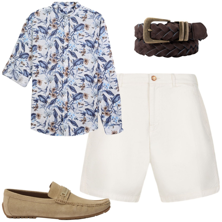 Outfit uomo - Lungomare sera. Stile Casual per Mare. Abbinamento con scarpe stringate, camicie, bermuda, cinture.