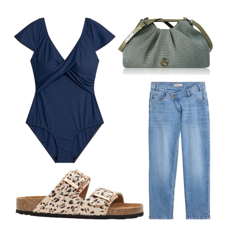 Outfit donna - Valigia per le vacanze. Stile Sporty chic per Mare. Abbinamento con costumi interi, jeans mom, ciabatte, clutch.