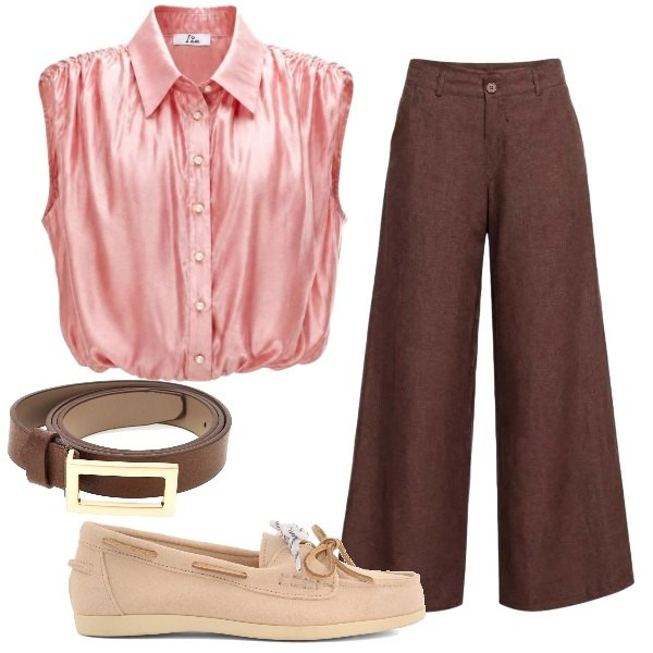 Outfit donna - Al lavoro d\'estate. Stile Casual chic per Ufficio. Abbinamento con pantaloni a palazzo, top, mocassini, cinture.
