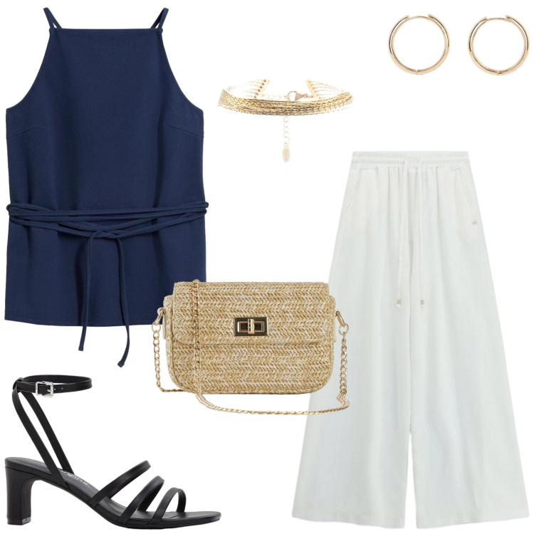Outfit donna - Una sera d\'estate. Stile Chic per Serata fuori. Abbinamento con top, orecchini, sandali col tacco, borse a tracolla, pantaloni a palazzo, braccialetti.