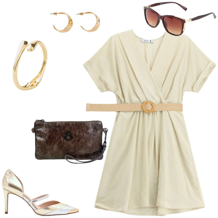 Outfit donna - L\'abito misto lino per una Cerimonia. Stile Chic per Cerimonia. Abbinamento con braccialetti, occhiali da sole, orecchini, pochette, vestiti corti, décolleté.