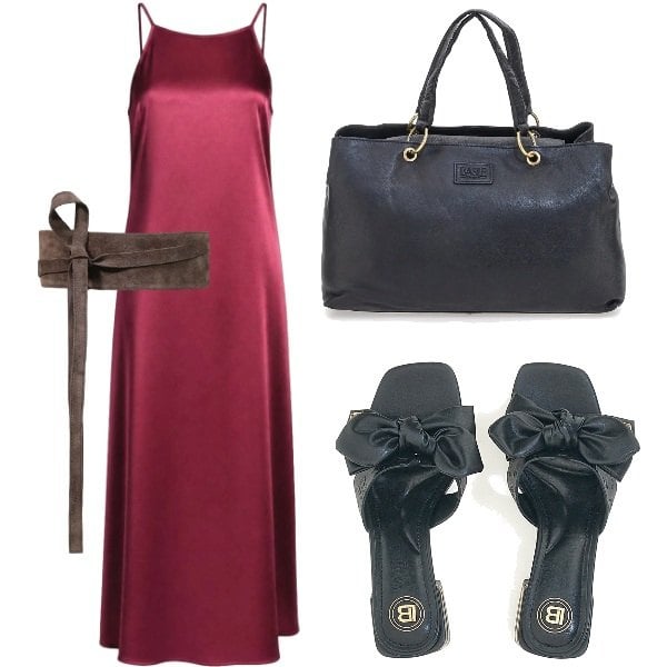 Outfit donna - Abito lungo in raso. Stile Chic per Serata fuori. Abbinamento con vestiti lunghi, cinture, ciabatte, borse a mano.
