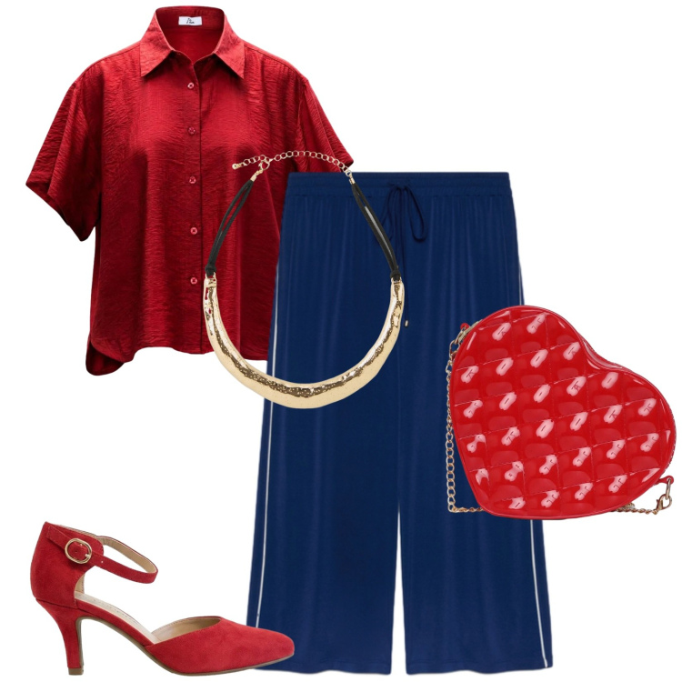 Outfit donna - Rosso e blù. Stile Chic per Serata fuori. Abbinamento con décolleté, collane, camicie a manica corta, borse a tracolla, pantaloni.