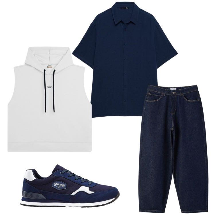 Outfit uomo - Total look #2439152. Stile Urban per Tutti i giorni. Abbinamento con sneakers, jeans, camicie a manica corta, felpe con cappuccio.