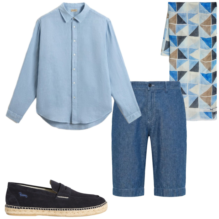 Outfit uomo - Denim leggero. Stile Casual per Tutti i giorni. Abbinamento con sciarpe, bermuda, espadrillas, camicie.