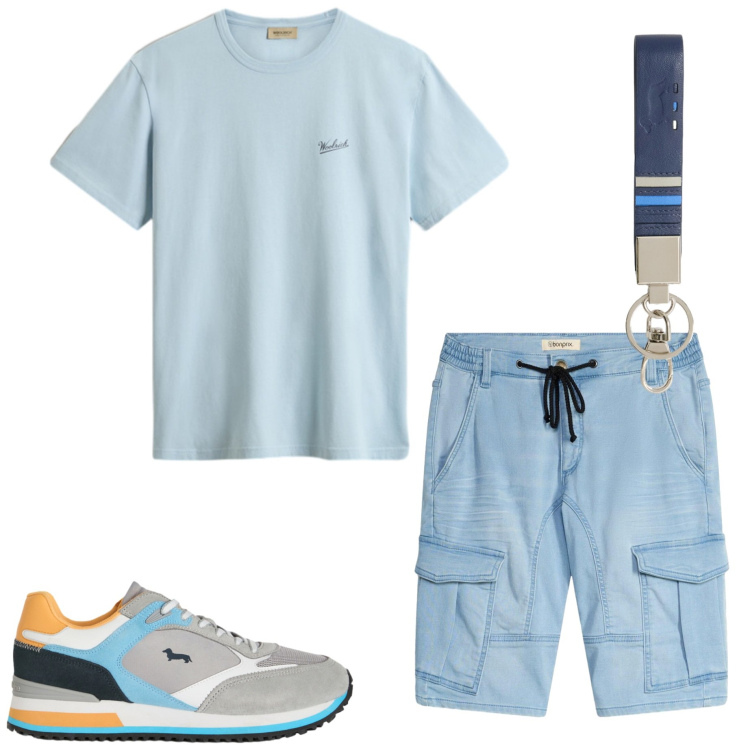 Outfit uomo - Denim leggero. Stile Casual per Tutti i giorni. Abbinamento con bermuda, sneakers, portachiavi, t-shirt.