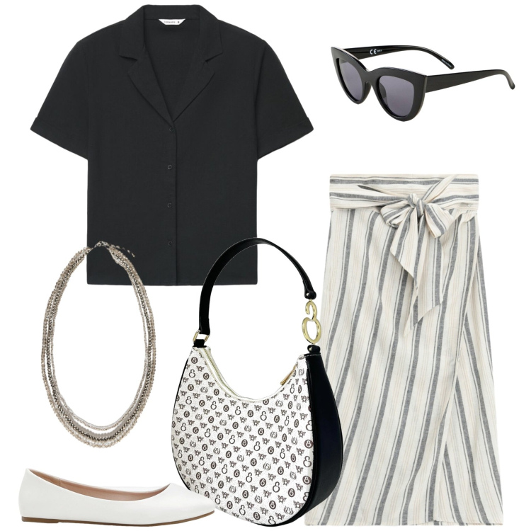 Outfit donna - Giochi geometrici. Stile Casual per Tutti i giorni. Abbinamento con occhiali da sole, ballerine, borse a spalla, camicie a manica corta, collane, gonne longuette.