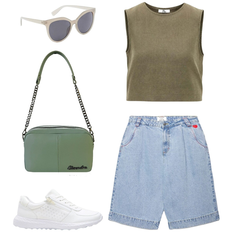 Outfit donna - Più comoda di così. Stile Basic per Tutti i giorni. Abbinamento con sneakers, occhiali da sole, top, borse a tracolla, bermuda.