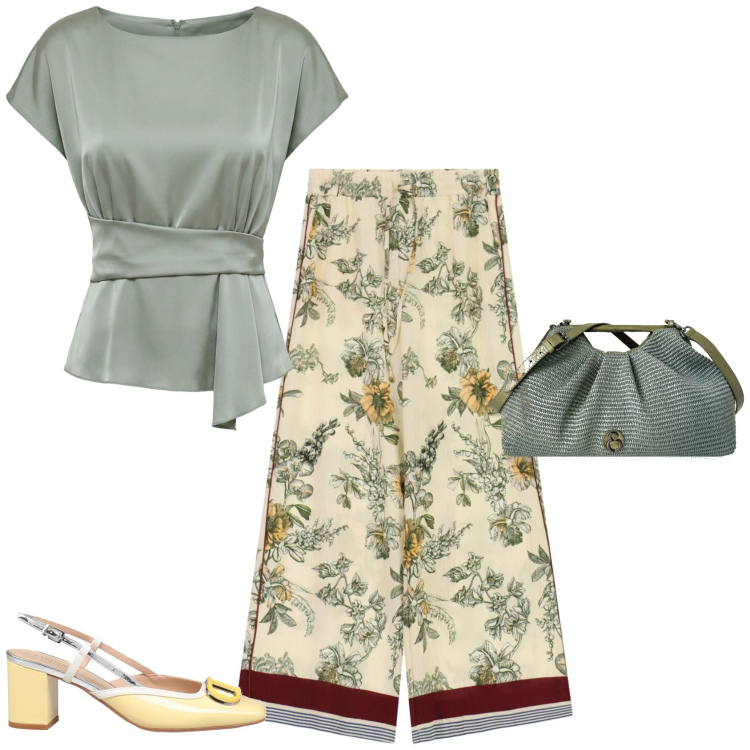 Outfit donna - Chic serata evento. Stile Chic per Serata fuori. Abbinamento con décolleté, clutch, pantaloni a palazzo, bluse.