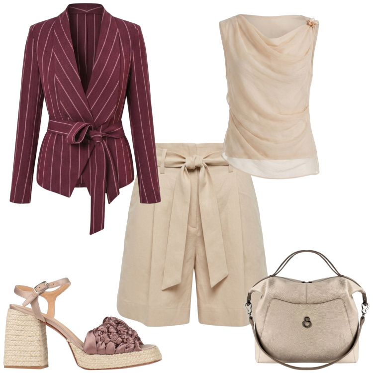 Outfit donna - Chic ufficio tempo libero. Stile Chic per Tutti i giorni. Abbinamento con espadrillas, bermuda, borse a mano, top, blazer.