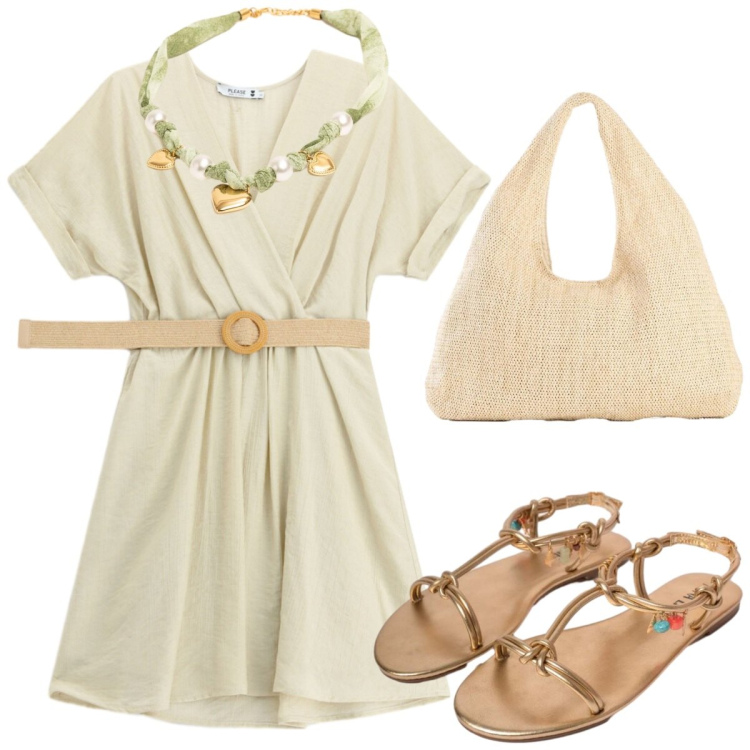 Outfit donna - Tanti auguri a me. Stile Casual chic per Tutti i giorni. Abbinamento con shopping bag, vestiti corti, sandali in pelle, collane.