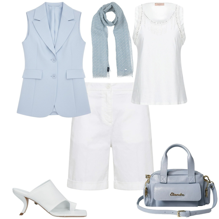 Outfit donna - Chic ufficio tempo libero in città. Stile Chic per Tutti i giorni. Abbinamento con top, sciarpe, ciabatte, bermuda, borse a mano, gilet.