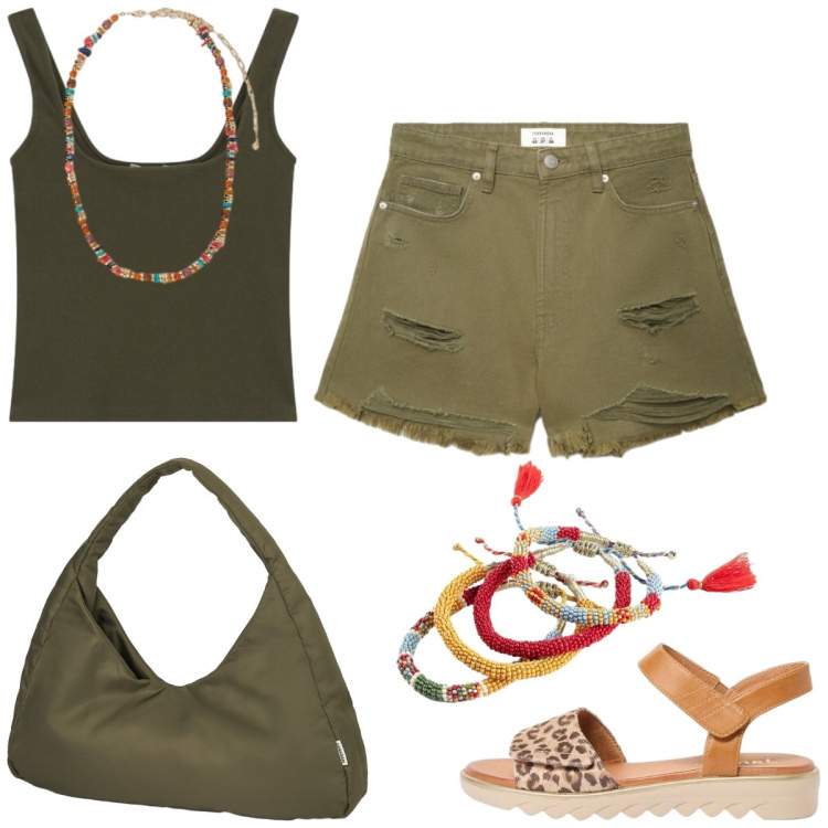 Outfit donna - Jungle summer. Stile Casual chic per Tutti i giorni. Abbinamento con sandali, braccialetti, shorts, top, collane, borse a spalla.