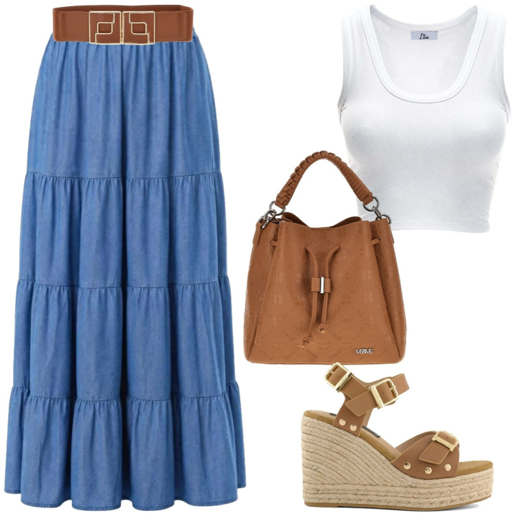 Outfit donna - In città. Stile Boho per Tutti i giorni. Abbinamento con gonne lunghe, canottiere, zeppe, borse a tracolla, cinture.