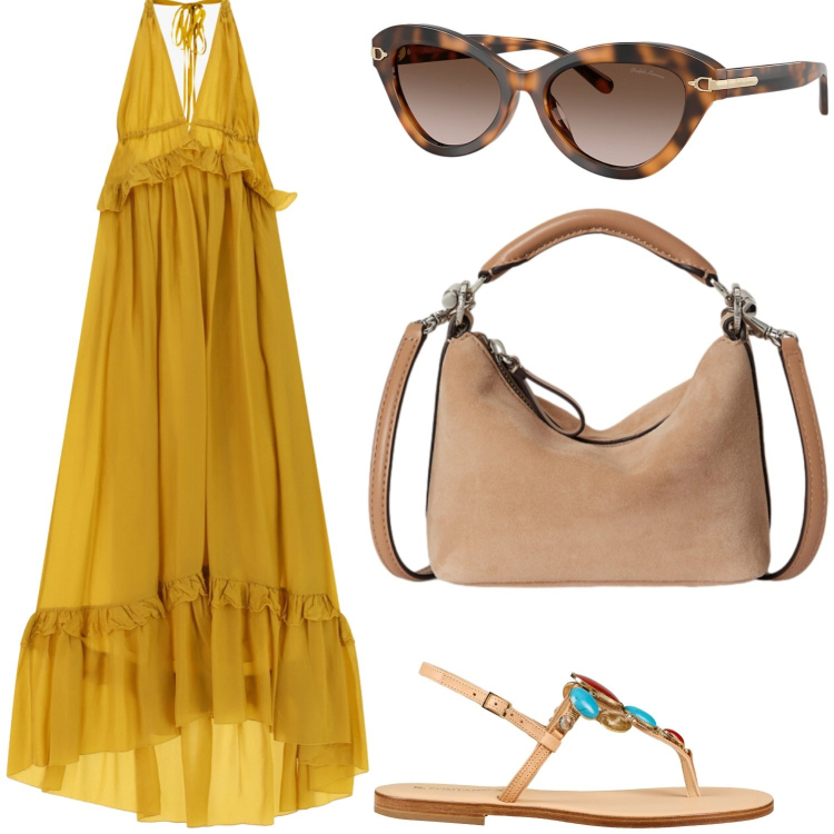 Outfit donna - Il solleone. Stile Chic per Serata fuori. Abbinamento con infradito, vestiti lunghi, occhiali da sole, borse a spalla.