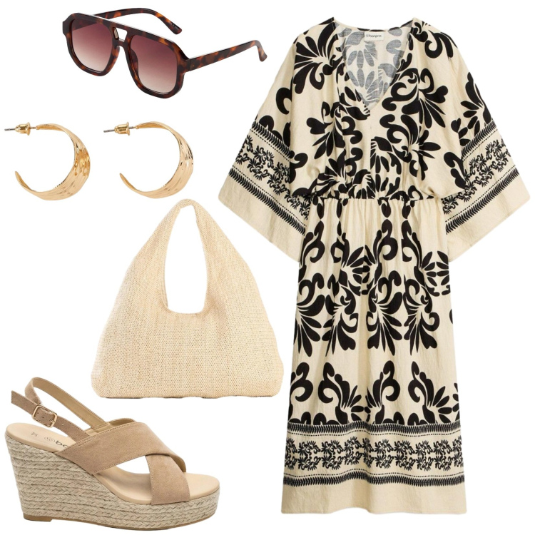 Outfit donna - Total look #2439189. Stile Etnico per Tutti i giorni. Abbinamento con vestiti midi/longuette, occhiali da sole, sandali col tacco, shopping bag, orecchini.