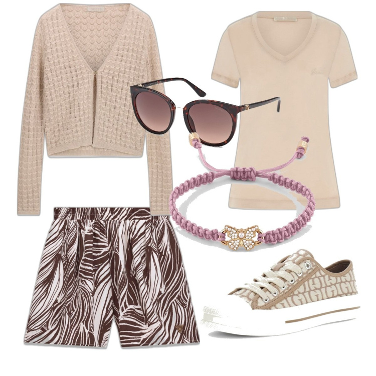 Outfit mujer - Exotic Summer. Estilo Chic para Todos los días. Combinación con camiseta, pantalones cortos, cárdigans, sneakers, gafas de sol, pulseras.