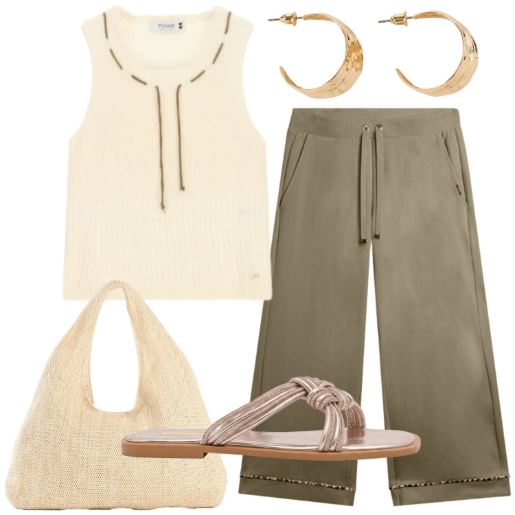 Outfit donna - Casual. Stile Casual per Tutti i giorni. Abbinamento con shopping bag, orecchini, pantaloni, top, sandali.