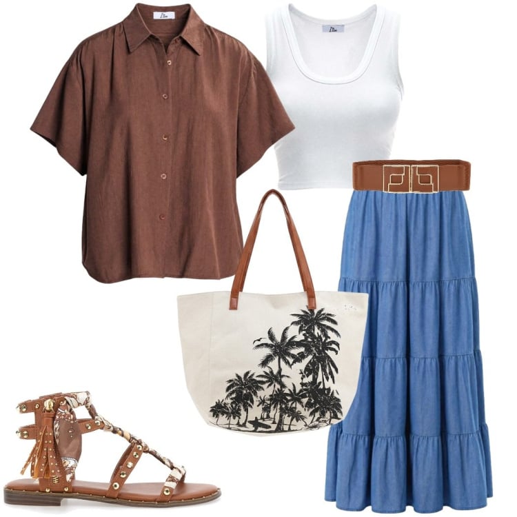Outfit donna - I AM style. Stile Casual chic per Tutti i giorni. Abbinamento con gonne lunghe, canottiere, camicie a manica corta, sandali, shopping bag, cinture.