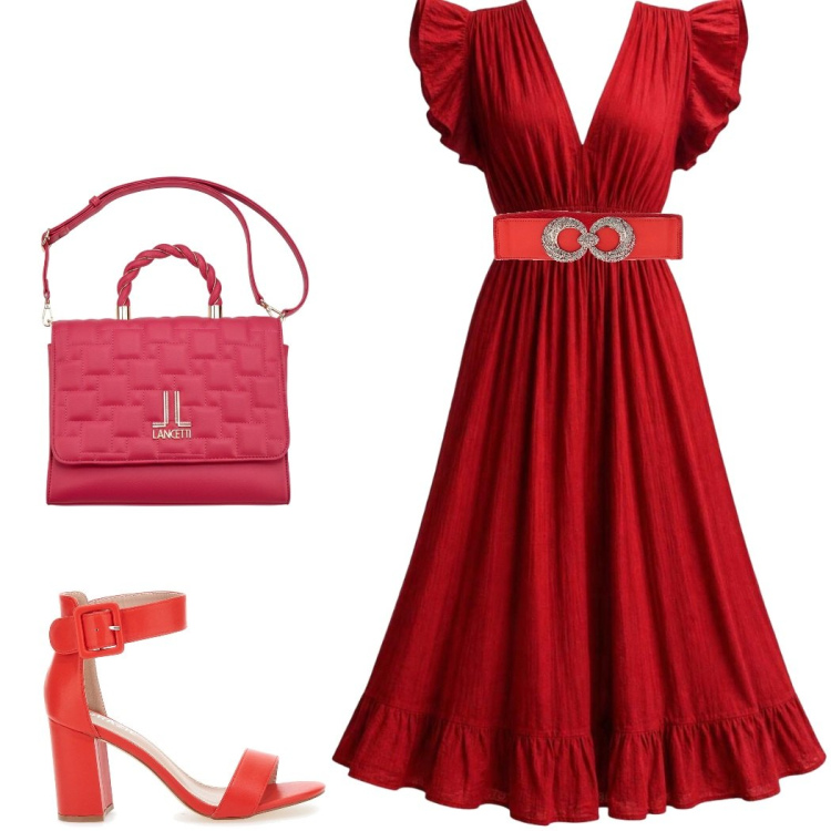 Outfit donna - I AM style. Stile Casual chic per Serata fuori. Abbinamento con vestiti midi/longuette, sandali col tacco, borse a mano, cinture.
