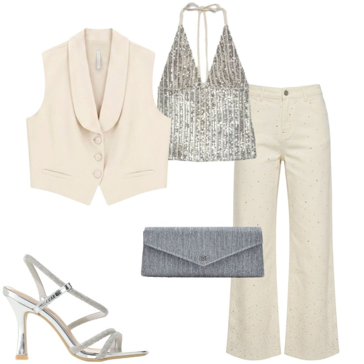 Outfit donna - La protagonista. Stile Casual chic per Serata fuori. Abbinamento con top, pochette, sandali col tacco, gilet, jeans a zampa.