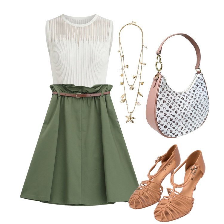 Outfit donna - Luglio. Stile Trendy per Tutti i giorni. Abbinamento con borse a spalla, gonne longuette, sandali in pelle, canottiere, collane.